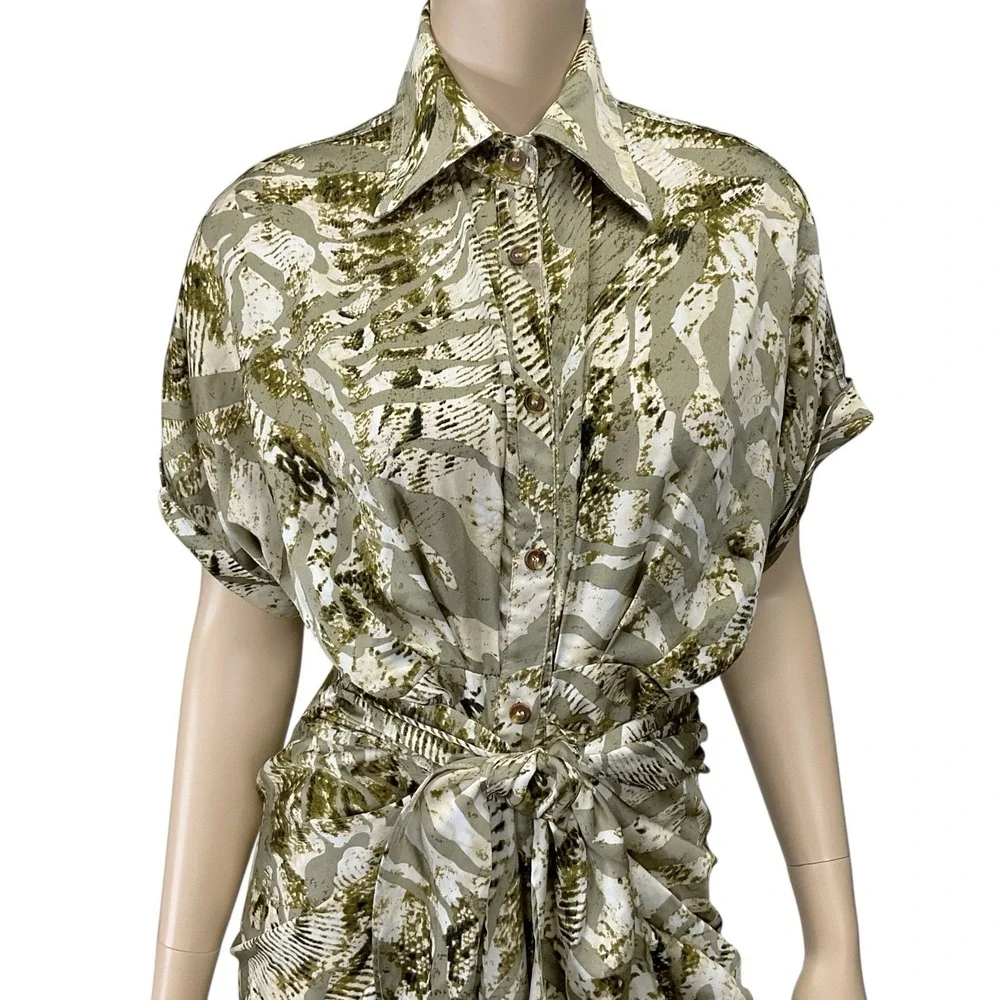 Mable Dress Small Women Green Print Short Sleeve Button Front Collared Midi
